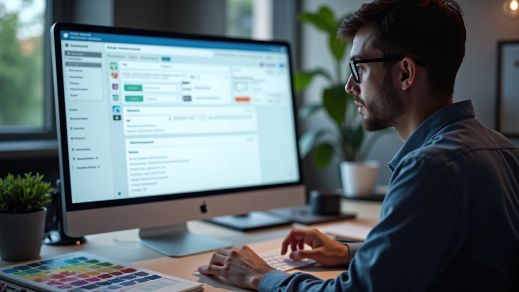 Webdesigner arbeitet an Dashboard-Seitenleiste mit Farbpalette und Design-Tools